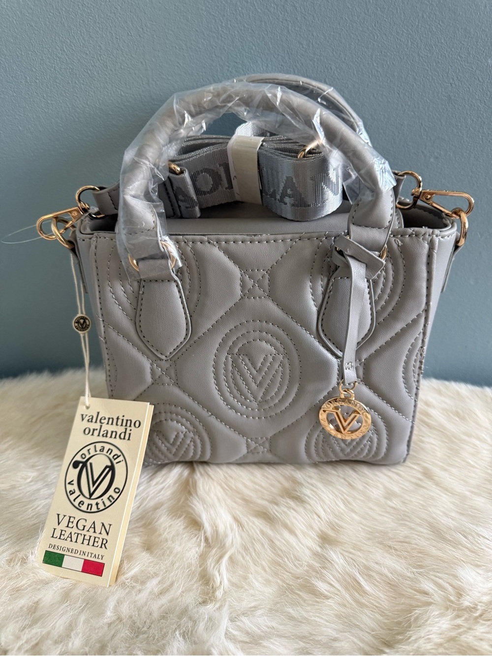 Valentino Orlandi Medium Quilted Light Grey Convertible Crossbody Tote Bag